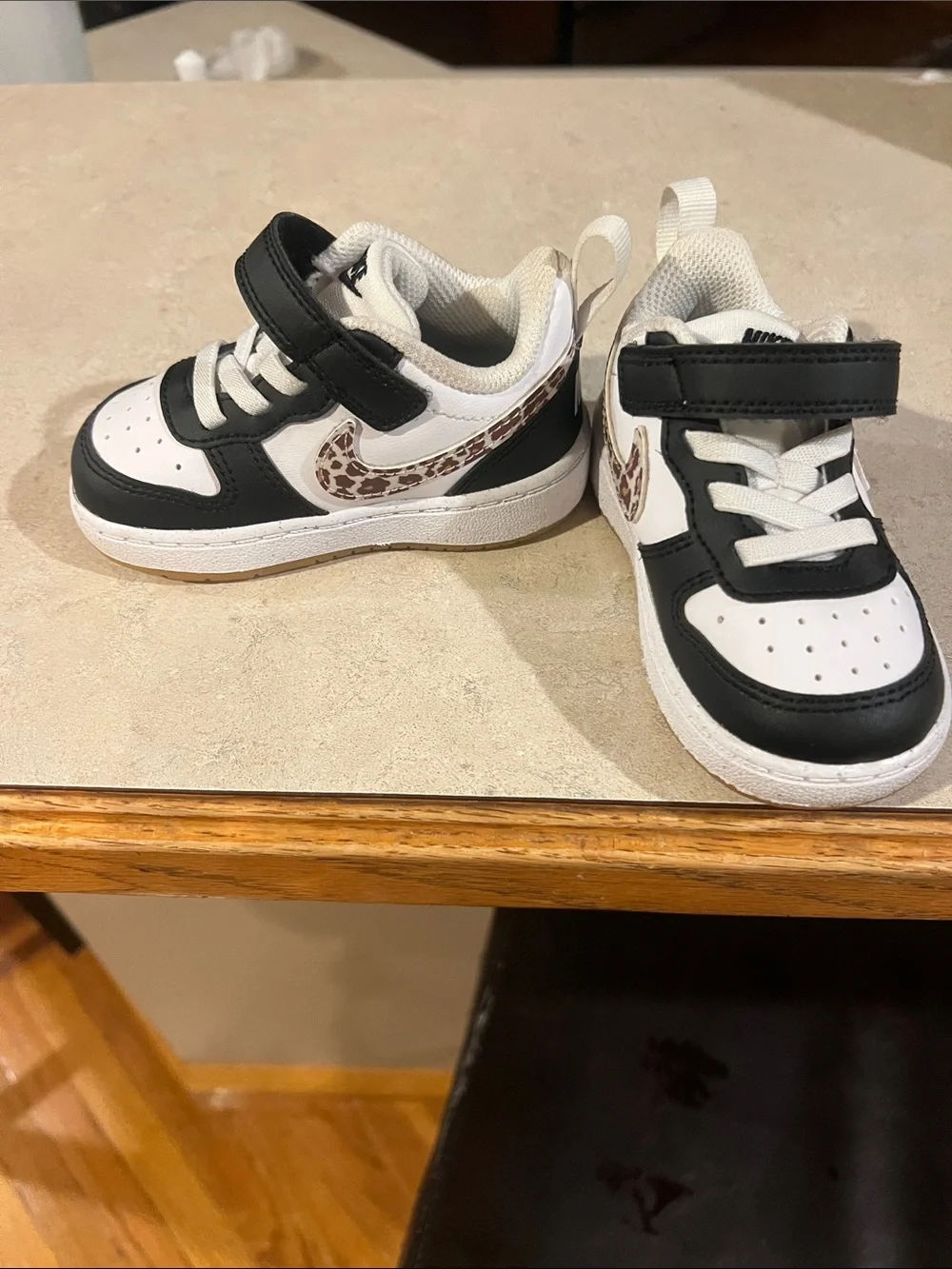 Nike Kids Black & White Sneakers with Leopard Swoosh